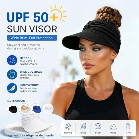 Women's UPF 50+ UV Protection Sun Visor Hat, Wide Brim Lightweight Women Sun Hat, Foldable Ponytail Hole Cap for Beach Hiking in Kuwait
