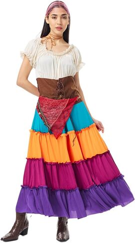 3PCS Women Gypsy Costume Fortune Teller Outfit with Headscarf Necklace Halloween Boho Cosplay Mexican Dress Up in Saudi Arabia