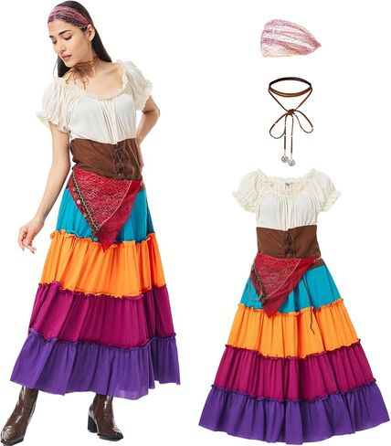 3PCS Women Gypsy Costume Fortune Teller Outfit with Headscarf Necklace Halloween Boho Cosplay Mexican Dress Up in Saudi Arabia
