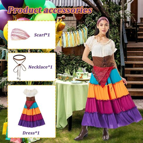 3PCS Women Gypsy Costume Fortune Teller Outfit with Headscarf Necklace Halloween Boho Cosplay Mexican Dress Up in Saudi Arabia