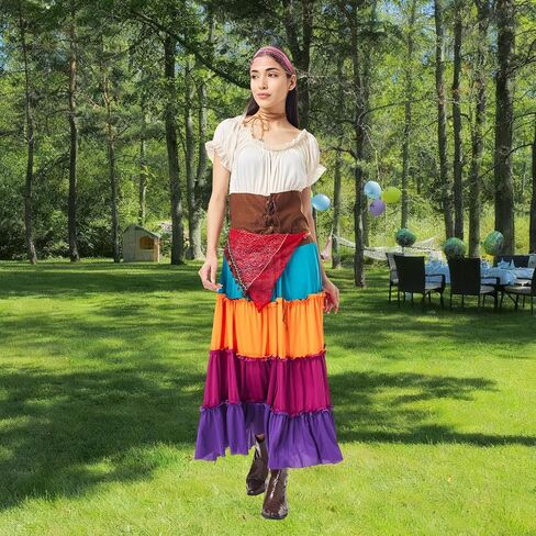 3PCS Women Gypsy Costume Fortune Teller Outfit with Headscarf Necklace Halloween Boho Cosplay Mexican Dress Up in Saudi Arabia