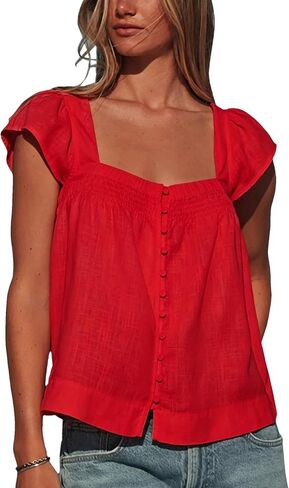 Lumister Cotton Linen Top for Women, Square Neck, Red, M in Saudi Arabia