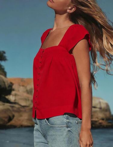 Lumister Cotton Linen Top for Women, Square Neck, Red, M in Saudi Arabia