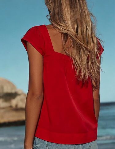 Lumister Cotton Linen Top for Women, Square Neck, Red, M in Saudi Arabia