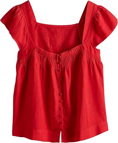 Lumister Cotton Linen Top for Women, Square Neck, Red, M in Saudi Arabia
