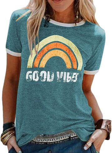 Womens Rainbow Graphic T-Shirts Summer Short Sleeve Crew Neck Vintage Loose Tee Top in Kuwait