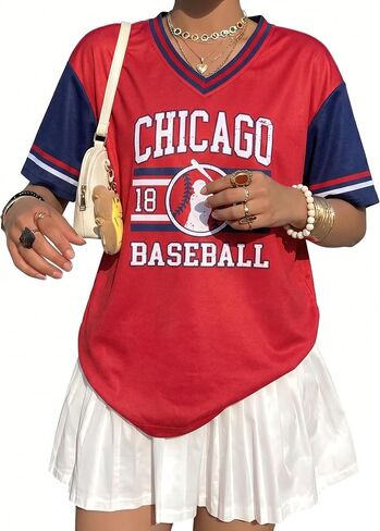 FRYAID Savannahv Baseball Shirt Women Game Day V Neck Jersey Baseball Player T-Shirt Oversized Chicago Fan Short Sleeve Tops in Saudi Arabia
