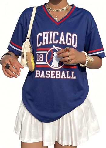 FRYAID Savannahv Baseball Shirt Women Game Day V Neck Jersey Baseball Player T-Shirt Oversized Chicago Fan Short Sleeve Tops in Saudi Arabia