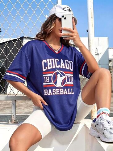 FRYAID Savannahv Baseball Shirt Women Game Day V Neck Jersey Baseball Player T-Shirt Oversized Chicago Fan Short Sleeve Tops in Saudi Arabia