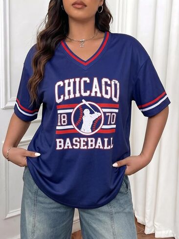 FRYAID Savannahv Baseball Shirt Women Game Day V Neck Jersey Baseball Player T-Shirt Oversized Chicago Fan Short Sleeve Tops in Saudi Arabia