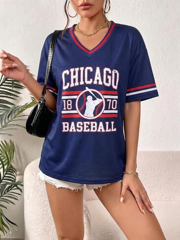 FRYAID Savannahv Baseball Shirt Women Game Day V Neck Jersey Baseball Player T-Shirt Oversized Chicago Fan Short Sleeve Tops in Saudi Arabia