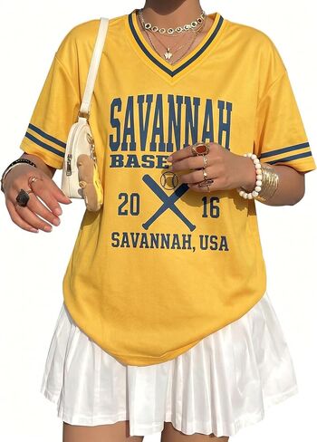 FRYAID Savannahv Baseball Shirt Women Game Day V Neck Jersey Baseball Player T-Shirt Oversized Chicago Fan Short Sleeve Tops in Saudi Arabia