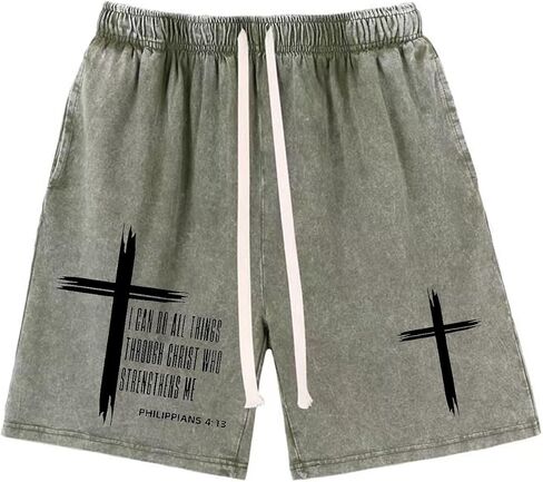 Fkatuzi Boys Christian Cross Graphic Shorts Kids I Can Do All Things Through Bible Verse Faith Acid Wash Gym Athletic Shorts in Saudi Arabia