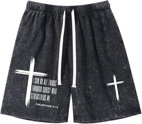 Fkatuzi Boys Christian Cross Graphic Shorts Kids I Can Do All Things Through Bible Verse Faith Acid Wash Gym Athletic Shorts in Saudi Arabia