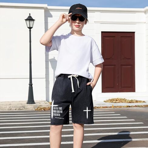 Fkatuzi Boys Christian Cross Graphic Shorts Kids I Can Do All Things Through Bible Verse Faith Acid Wash Gym Athletic Shorts in Saudi Arabia