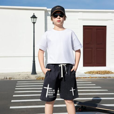 Fkatuzi Boys Christian Cross Graphic Shorts Kids I Can Do All Things Through Bible Verse Faith Acid Wash Gym Athletic Shorts in Saudi Arabia