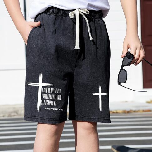 Fkatuzi Boys Christian Cross Graphic Shorts Kids I Can Do All Things Through Bible Verse Faith Acid Wash Gym Athletic Shorts in Saudi Arabia