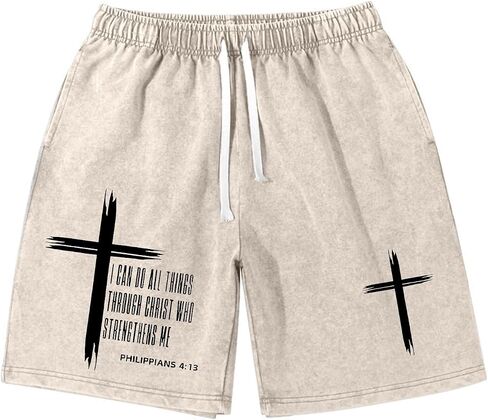 Fkatuzi Boys Christian Cross Graphic Shorts Kids I Can Do All Things Through Bible Verse Faith Acid Wash Gym Athletic Shorts in Saudi Arabia