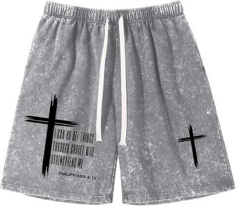 Fkatuzi Boys Christian Cross Graphic Shorts Kids I Can Do All Things Through Bible Verse Faith Acid Wash Gym Athletic Shorts in Saudi Arabia