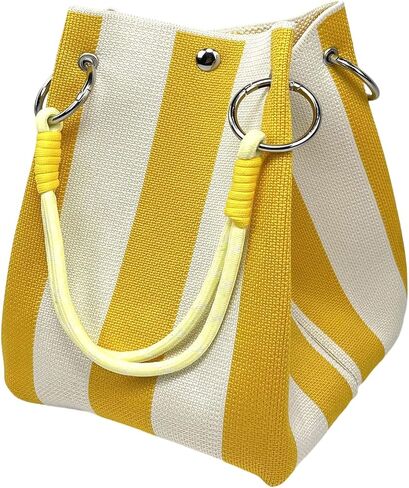 Women Mini Knit Tote, Women Striped Crochet Bucket Handbag, Large Capacity Ladies Retro Multicolor Handbag with Buckl in Kuwait