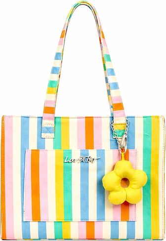 Luv Betsey by Betsey Johnson Colorful Stripe Tote Bag with Flower Charm, Multicolor Shoulder Handbag, 12.5 x 10 Inches (Candy Stripe Pop) in Kuwait