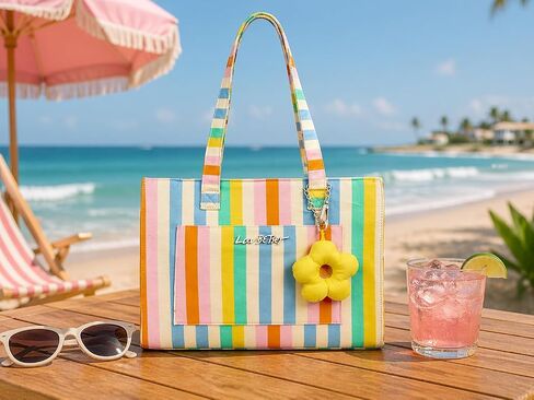 Luv Betsey by Betsey Johnson Colorful Stripe Tote Bag with Flower Charm, Multicolor Shoulder Handbag, 12.5 x 10 Inches (Candy Stripe Pop) in Kuwait