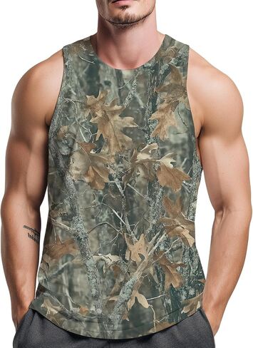 Men's Camo Graphic Tank Tops Muscle Workout Quick Dry Sleeveless T-Shirt Camouflage Tree Leaf Print Shirt in Saudi Arabia