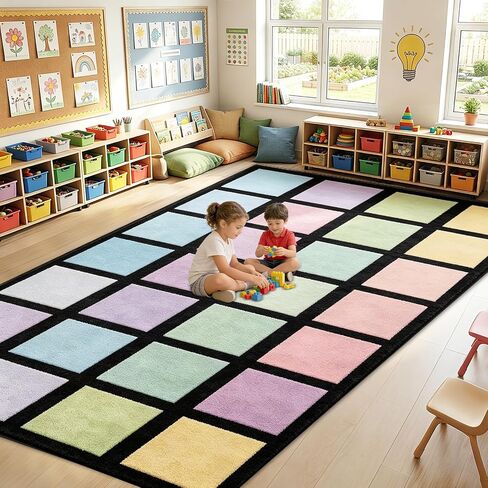 7.6x12 ft Large Pastel Color Squares Classroom Rug Colorful Educational Area Mat Happy Squares Rainbow Color Themed Play Carpet Back to School Learning Mat for Preschool Nursery Kindergarten(Pastel) in Saudi Arabia