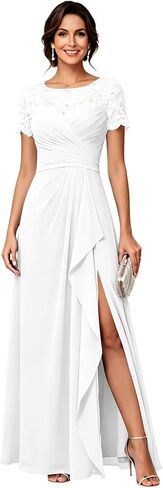 Chiffon Mother of The Bride Dresses Long A Line Short Sleeves Lace Appliques Elegant Formal Evening Dresses with Slit in Kuwait