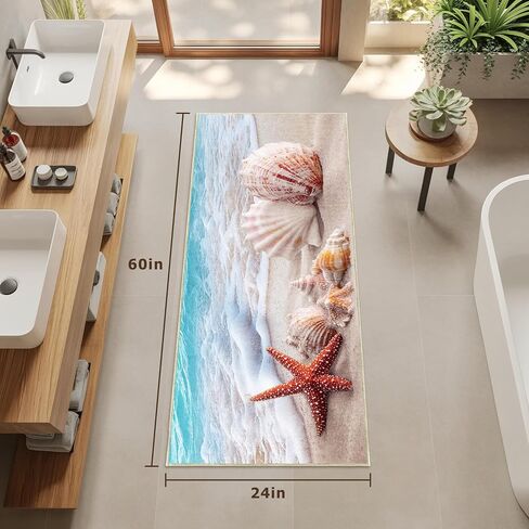 Xianshime Coastal Beach Bathroom Runner Rug 24 x 60 Non Slip Ocean Bathroom Decor Absorbent Quick Dry Bath Mat Washable Soft Low Pile for Bathtub Sink Shower Laundry Room in Saudi Arabia