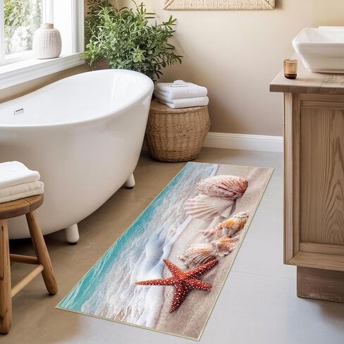 Xianshime Coastal Beach Bathroom Runner Rug 24 x 60 Non Slip Ocean Bathroom Decor Absorbent Quick Dry Bath Mat Washable Soft Low Pile for Bathtub Sink Shower Laundry Room in Saudi Arabia