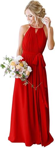 Women's Halter Long Bridesmaid Dresses with Pockets Pleated Chiffon Formal Evening Party Gown in Saudi Arabia