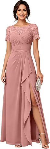 Chiffon Mother of The Bride Dresses Long A Line Short Sleeves Lace Appliques Elegant Formal Evening Dresses with Slit in Saudi Arabia