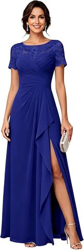 Chiffon Mother of The Bride Dresses Long A Line Short Sleeves Lace Appliques Elegant Formal Evening Dresses with Slit in Kuwait