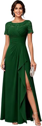 Chiffon Mother of The Bride Dresses Long A Line Short Sleeves Lace Appliques Elegant Formal Evening Dresses with Slit in Kuwait