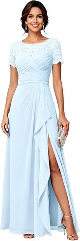 Chiffon Mother of The Bride Dresses Long A Line Short Sleeves Lace Appliques Elegant Formal Evening Dresses with Slit in Kuwait