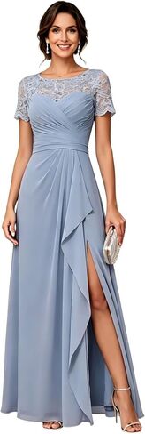 Chiffon Mother of The Bride Dresses Long A Line Short Sleeves Lace Appliques Elegant Formal Evening Dresses with Slit in Kuwait