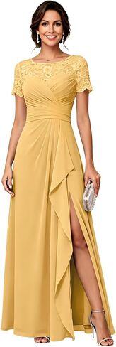 Chiffon Mother of The Bride Dresses Long A Line Short Sleeves Lace Appliques Elegant Formal Evening Dresses with Slit in Kuwait