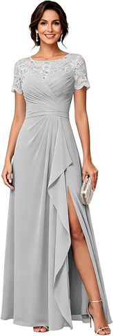 Chiffon Mother of The Bride Dresses Long A Line Short Sleeves Lace Appliques Elegant Formal Evening Dresses with Slit in Kuwait