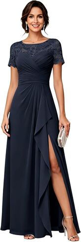 Chiffon Mother of The Bride Dresses Long A Line Short Sleeves Lace Appliques Elegant Formal Evening Dresses with Slit in Kuwait