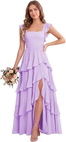 Tiered Ruffle Chiffon Bridesmaid Dresses Long for Women Ruffle Sleeve A Line Wedding Guest Dress with Slit in Kuwait