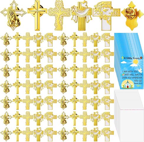 Suncalla 50 مجموعة دبابيس الصليب المسيحي السائبة مع بطاقات وحقائب آية الكتاب المقدس، شارات بروش طية صدر السترة من المينا الدينية الذهبية للنساء والرجال هدايا زوار الكنيسة وجوائز مدرسة الأحد هدايا عيد الفصح in Kuwait