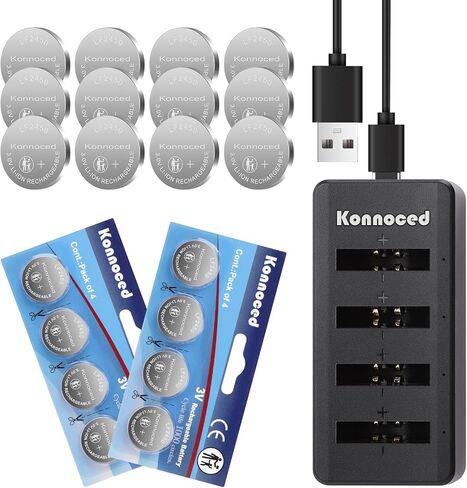 LF2450 3V Rechargeable Button Batteries, 20 Pack | 4-Bay USB Charger, CR2450 Lithium Coin Batteries, 1000 Cycles, For Car Key, Remote Control, Watch in Saudi Arabia