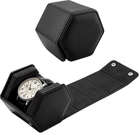 Luxury Genuine Leather Hexagon Watch Box, Single Small Watch Storage Organizer for Men Portable Jewelry Travel Watches Roll(1-Slot,Black) in Saudi Arabia