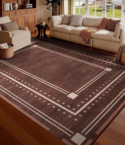 YIHOUSE Burnt Orange Scalloped Bedroom Rugs 5x7, Non-Slip Washable Farmhouse Border Rug for Living Room, Low-Pile Indoor Carpets, Stain-Resistant Vintage Rusty Rugs for Dining Room, Office in Saudi Arabia