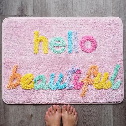 Evovee Hello Beautiful Bath Mat Cute Bathroom Rugs for Girls You Look Good Gorgeous Funny Shower Fun Bathroom Decor Non-Slip Washable Kids Women Light Pink Rainbow Colorful in Saudi Arabia