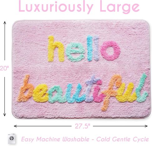 Evovee Hello Beautiful Bath Mat Cute Bathroom Rugs for Girls You Look Good Gorgeous Funny Shower Fun Bathroom Decor Non-Slip Washable Kids Women Light Pink Rainbow Colorful in Saudi Arabia