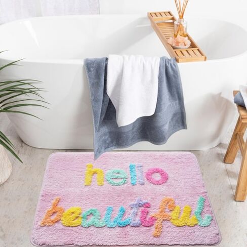 Evovee Hello Beautiful Bath Mat Cute Bathroom Rugs for Girls You Look Good Gorgeous Funny Shower Fun Bathroom Decor Non-Slip Washable Kids Women Light Pink Rainbow Colorful in Saudi Arabia