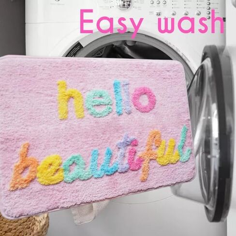Evovee Hello Beautiful Bath Mat Cute Bathroom Rugs for Girls You Look Good Gorgeous Funny Shower Fun Bathroom Decor Non-Slip Washable Kids Women Light Pink Rainbow Colorful in Saudi Arabia