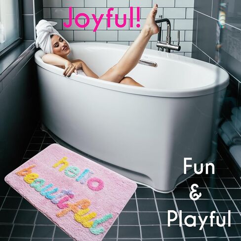 Evovee Hello Beautiful Bath Mat Cute Bathroom Rugs for Girls You Look Good Gorgeous Funny Shower Fun Bathroom Decor Non-Slip Washable Kids Women Light Pink Rainbow Colorful in Saudi Arabia